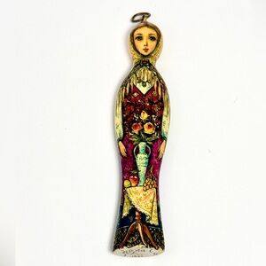 Vintage Russian Hand-Painted Hand-Carved Wooden Doll Ornament Pendant Signed 3”